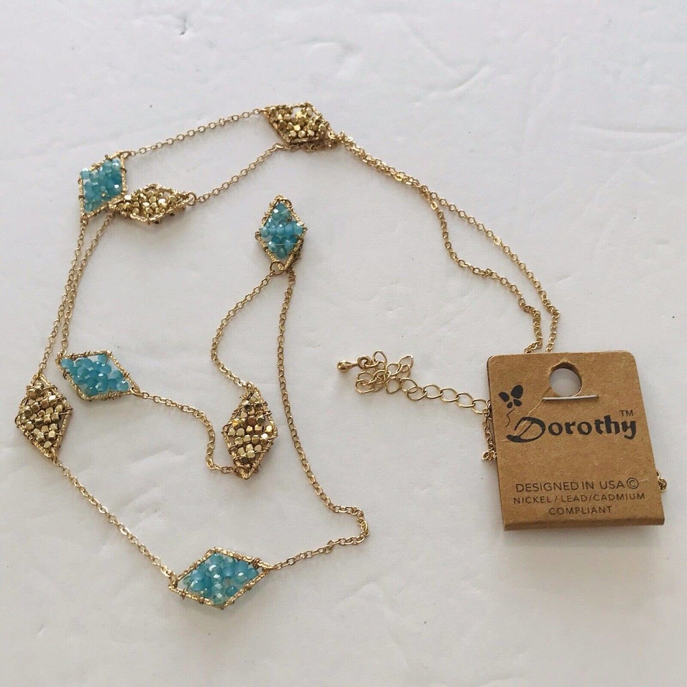 Dorothy necklace Gold Tone Blue Seed Bead Diamond Shapes 36-40" Long NEW